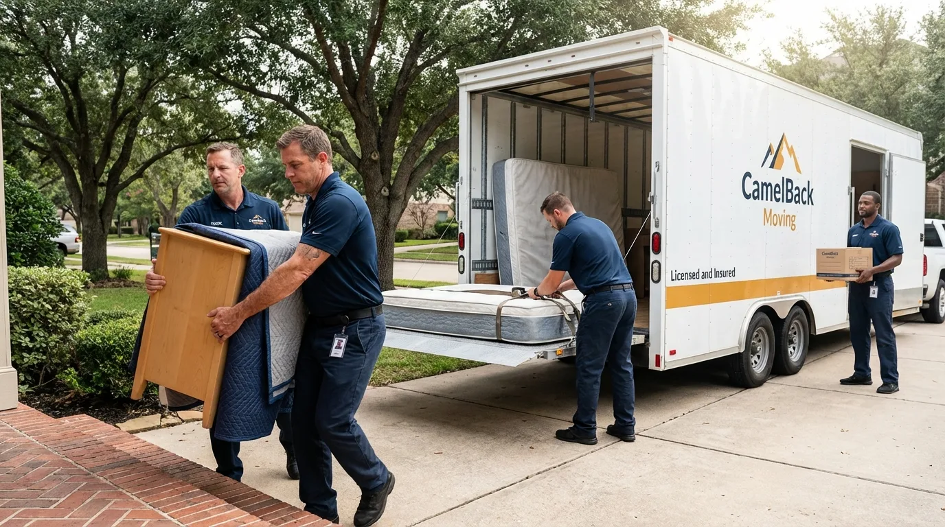 Crew loading residential truck for cross-state move from Nora Springs, IA