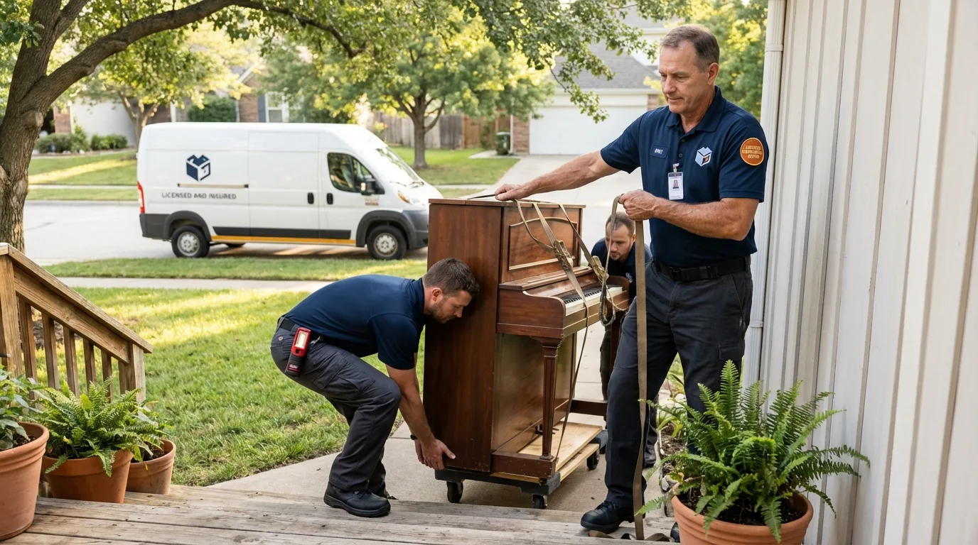 Licensed piano movers securing grand piano in Nora Springs, IA
