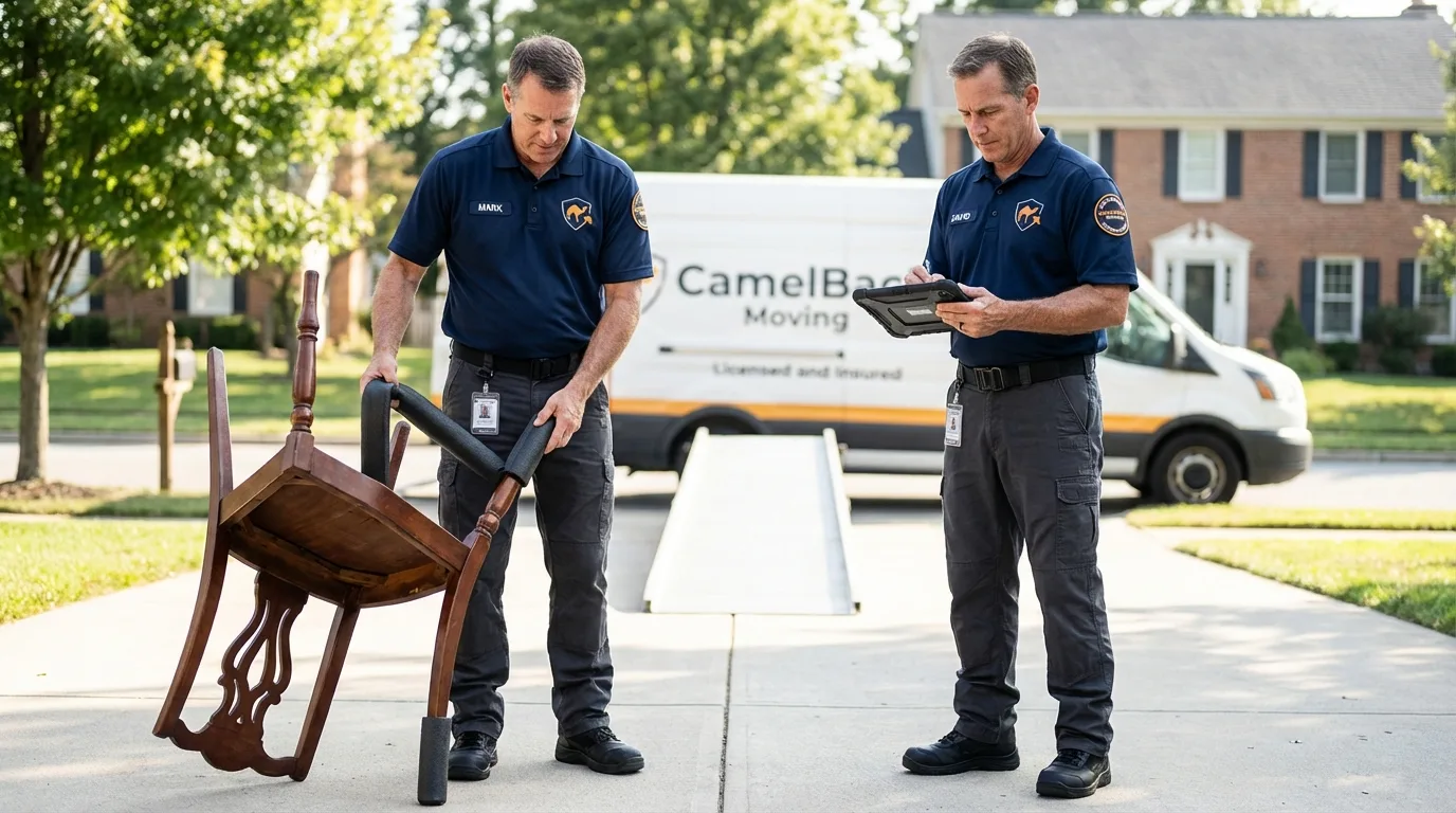 Movers inspecting furniture for damage prevention before loading in Nora Springs, IA