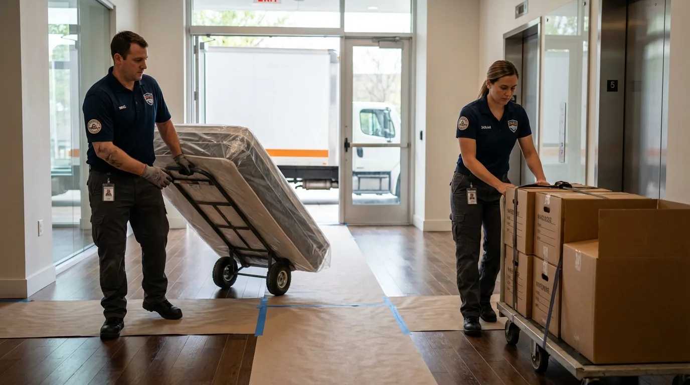 Professional apartment movers loading elevator in Nora Springs, IA