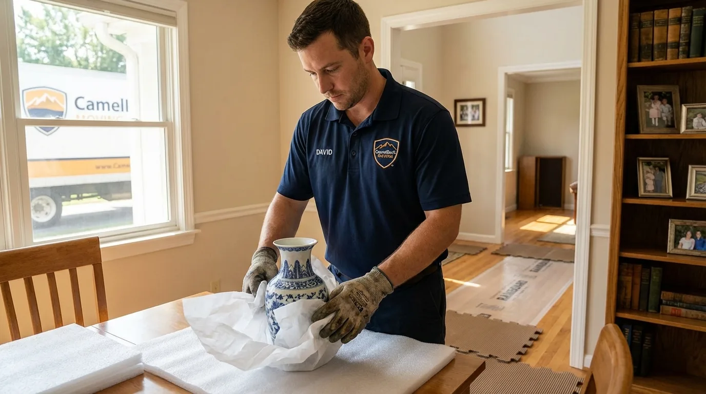 Professional crew carefully wrapping antique vase for senior downsizing move in Nora Springs, IA